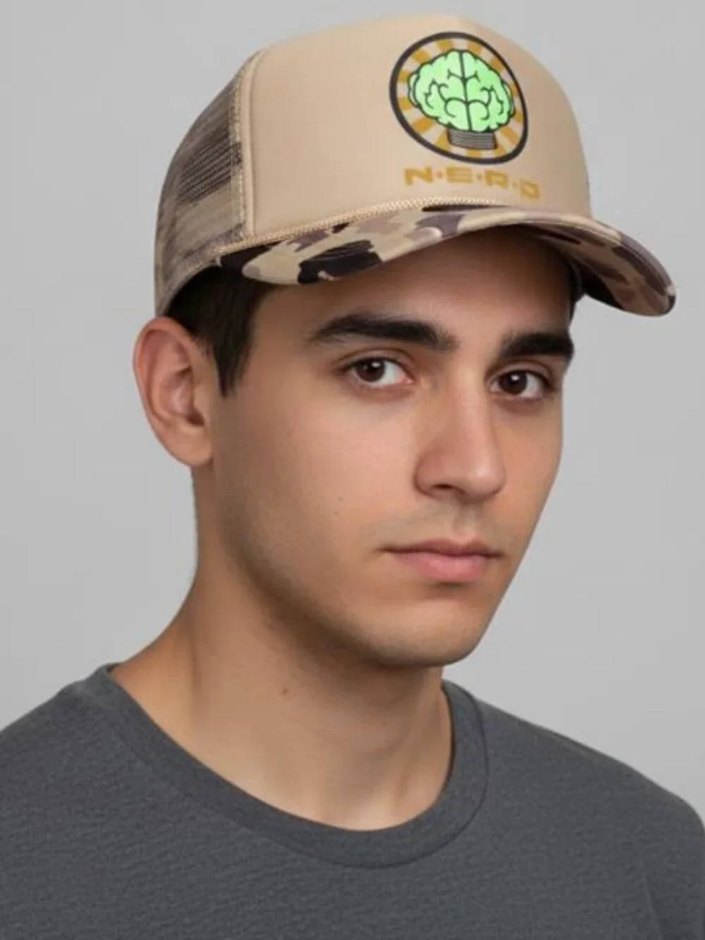 NERD Trucker Hat Pharrell Neptunes Y2K Retro Camo Brain Logo Mesh Snapback Cap